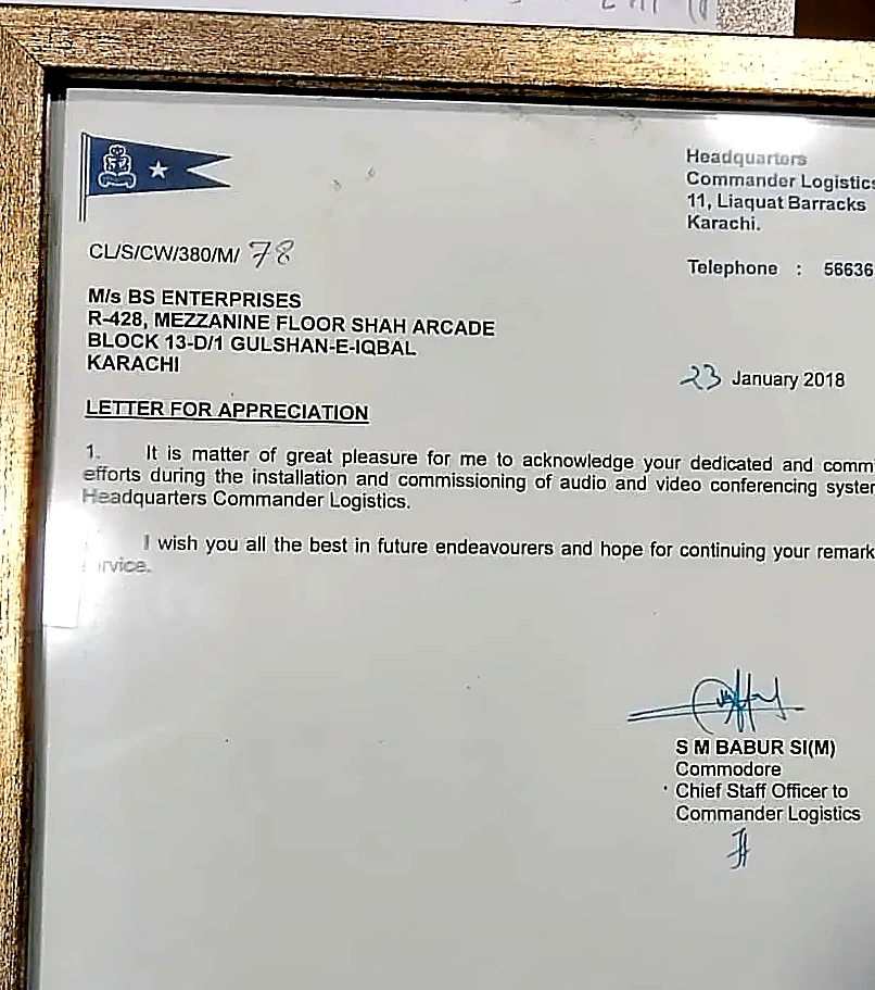 Enhanced BS Enterprises letter of appreciation